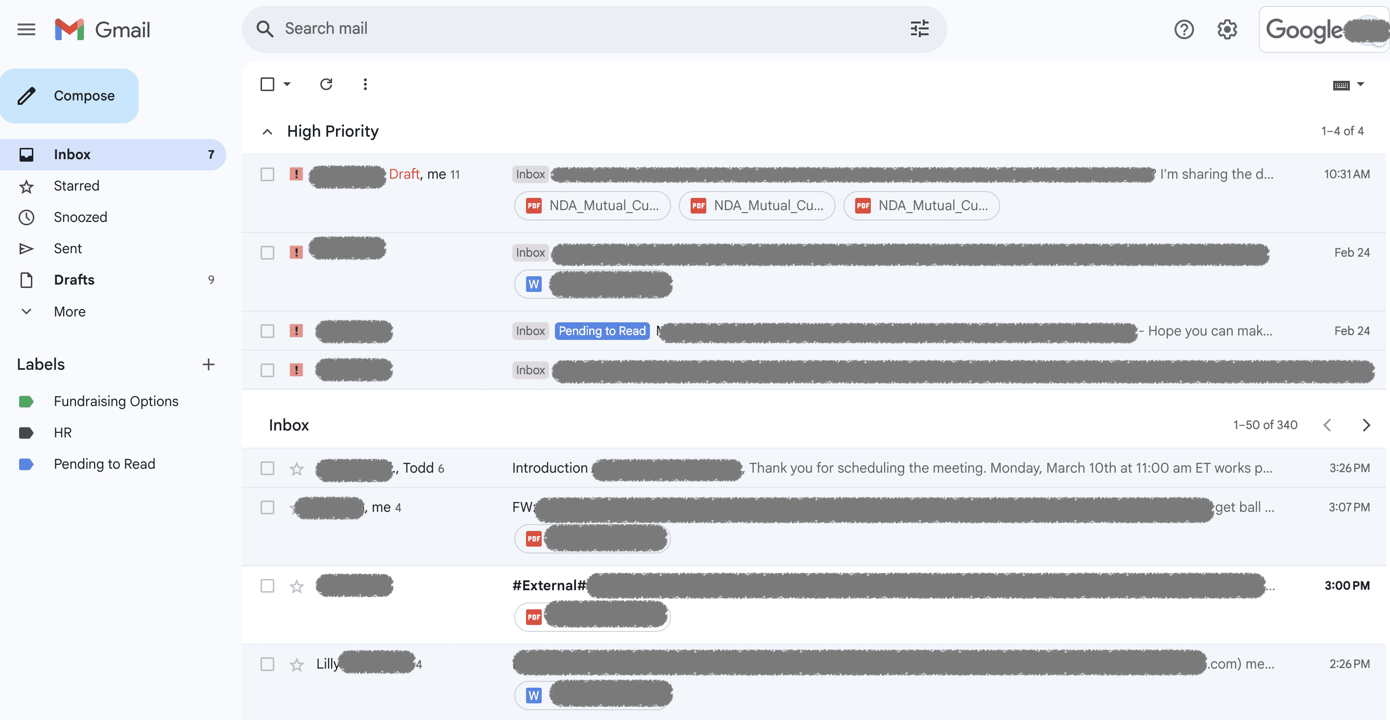 An email showing a high priority inbox